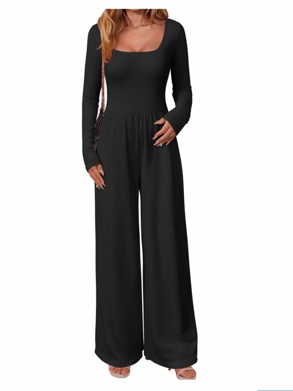 OQQ Black Long Sleeve Wide Leg Jumpsuit Square Neck Size L
